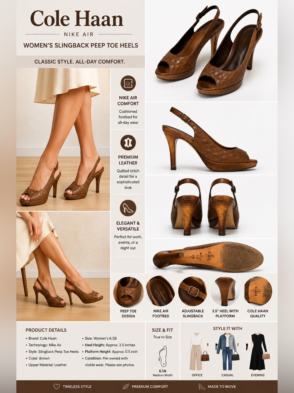 Cole Haan Nike Air Women’s 6.5B Brown Leather Quilted Peep Toe Slingback Heels